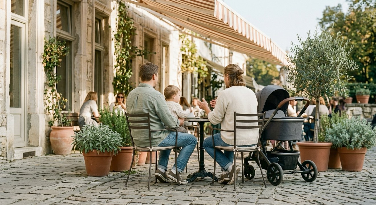 A family with a toddler and a pram at a café table on a cobbled square