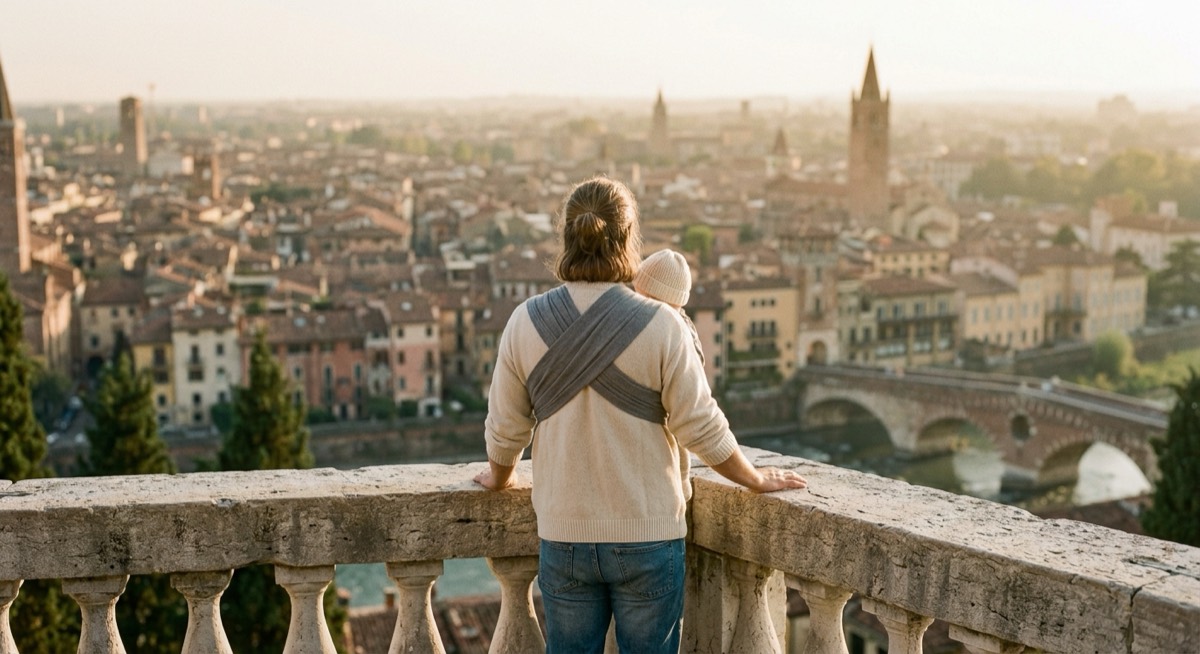 A parent carrying a baby in a wrap looks out over an old city