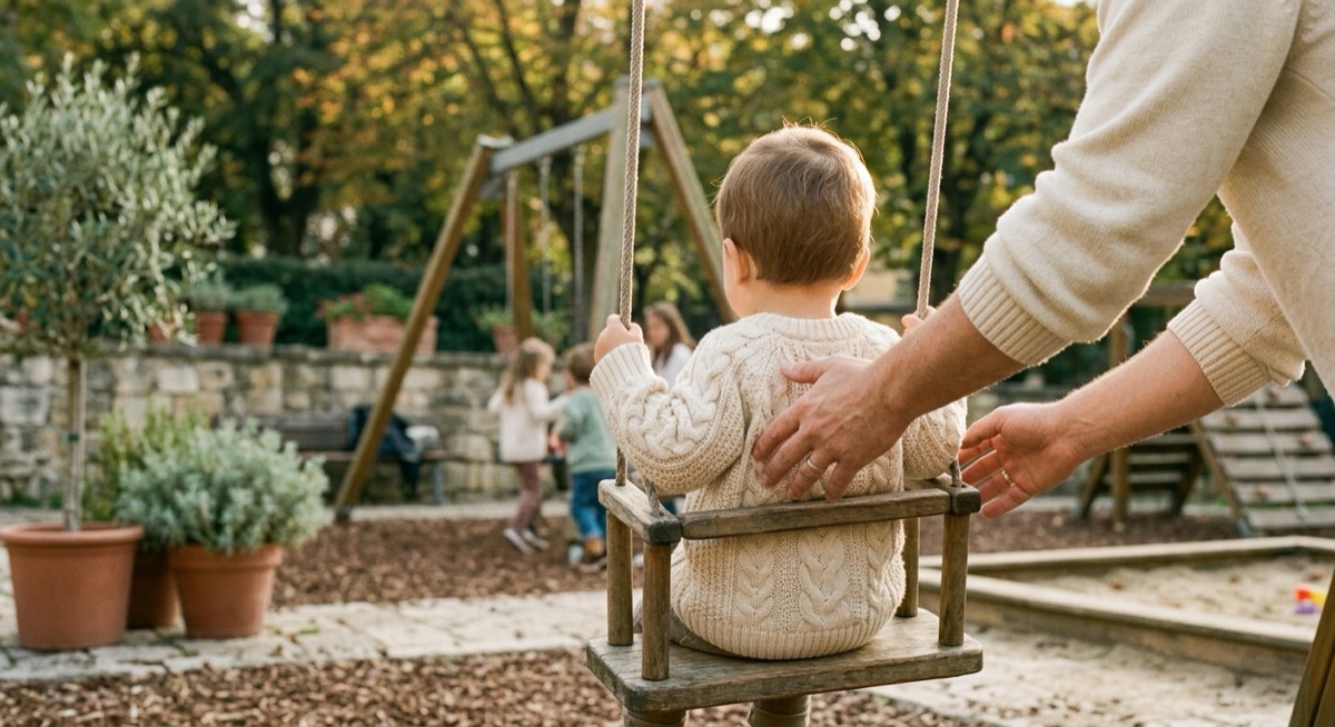A toddler in a knitted jumper on a wooden swing, a parent's hand on his back