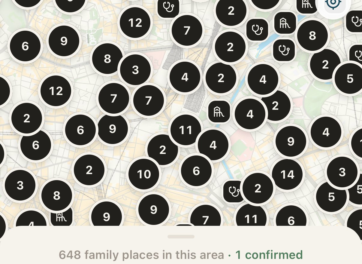 The map, dense with pins, and the line: 648 family places in this area, 1 confirmed