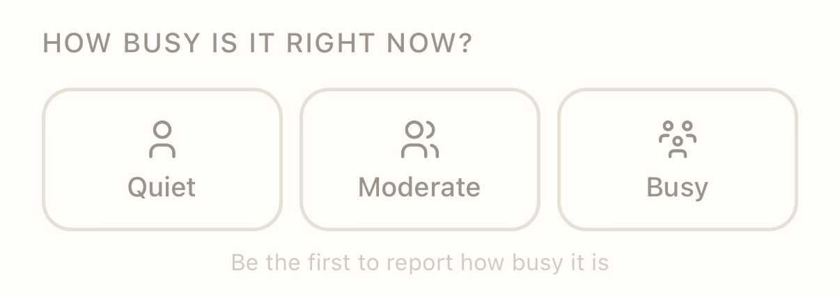 How busy is it right now? Three choices: Quiet, Moderate, Busy