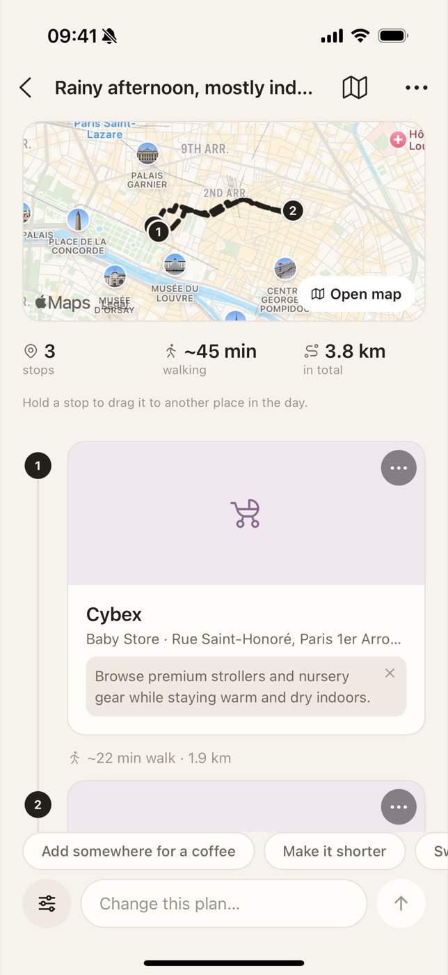 A plan for a rainy afternoon in Paris: 3 stops, about 45 minutes of walking, 3.8 km, starting indoors at a baby store