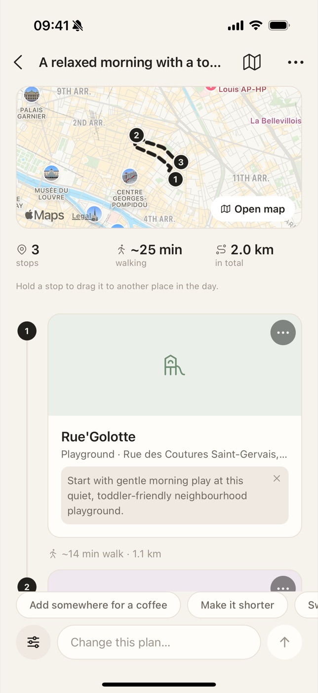 A plan for a relaxed morning with a toddler in Paris: 3 stops, about 25 minutes of walking, 2 km, starting at the Rue'Golotte playground